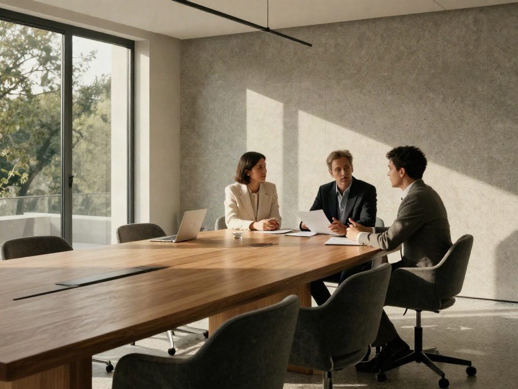 Consultants reviewing business strategy in a bright contemporary boardroom